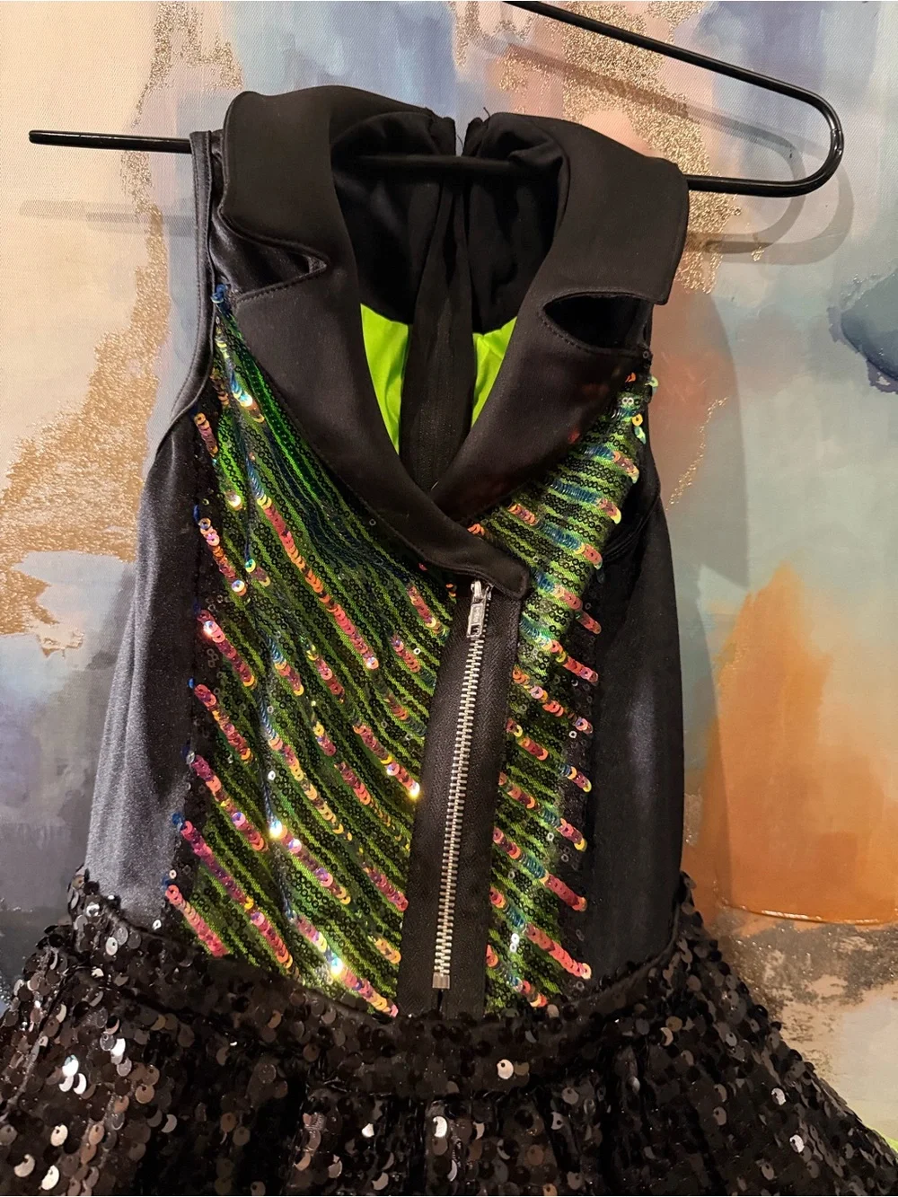 Weissman Black and Neon Green Sequin Dance Costume Dress - Size: Medium Child
